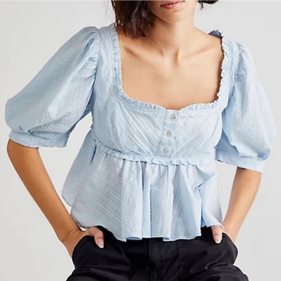 Free People Tops - NWOT Free People Women's Ruffle Trim Puffy Sleeves Light Blue Crop Blouse Sz XS